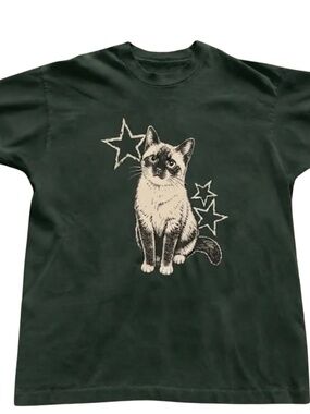 Gildan Forest Green Tee with Cream & Black Cat Graphic